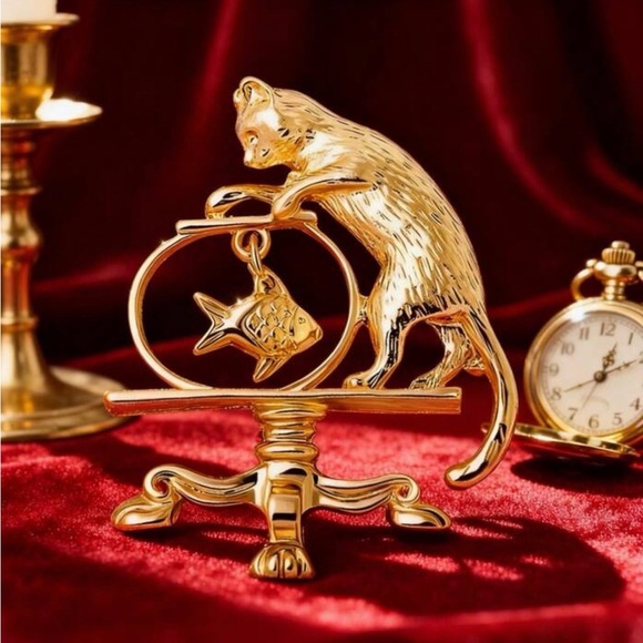 Jewelry - Cat & Fish Brooch Gold kitten pin jewelry goldfish fishbowl Victorian retro bag